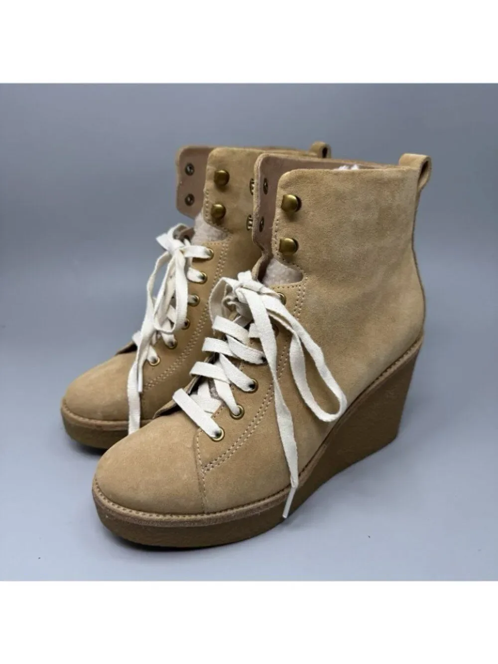 UGG Kiernan Womens 6.5 Sheep Skin Platform Wedge Ankle Lace-up Booties Tan